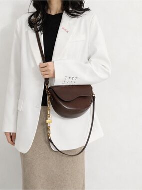 Curved Saddle Crossbody Bag in Dark Brown with Gold Chain Accent